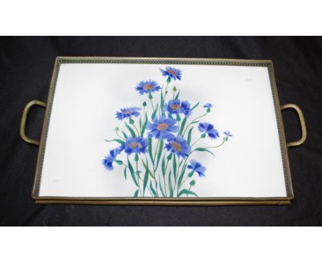 Austrian cornflower decorated ceramic serving tray painted cornflower decoration to ceramic tray, with pierced metal gallery,