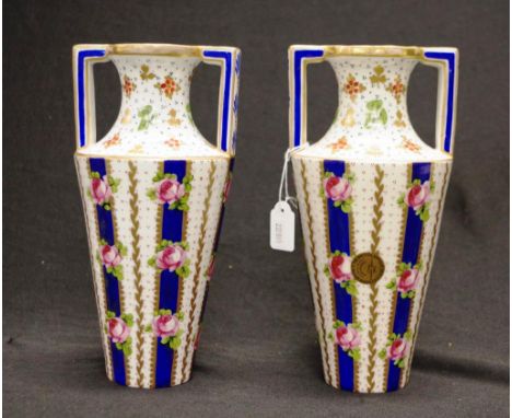 Pair French hand painted ceramic table vases each with hand painted blossom decoration, 1 vase with the stamp of the British 