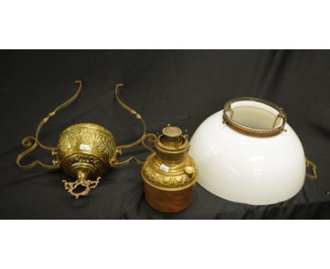 Antique Millers USA  hanging brass oil lamp with white glass shade 35cm diameter approx
