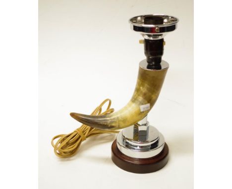 Art deco buffalo horn electric lamp on a chrome &amp; timber base, height 27.5cm approx