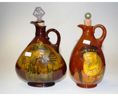 Two Royal Doulton Kingsware whisky flasks Dewar's Scotch whiskey, both with stoppers, height 24cm approx (tallest) (one with 