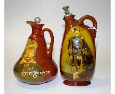 Two various Royal Doulton Kingsware jugs including: 'Highlander' figure decorated, with stopper, marked for Dewar's, (chip to