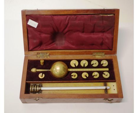 Antique brass Sikes' hydrometer fitted in a wooden case,.