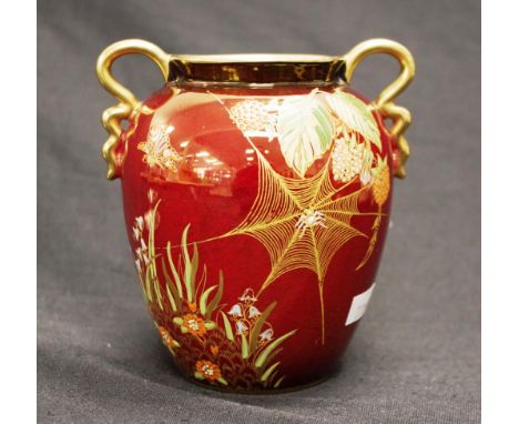 Carltonware Rouge Royale twin handle vase with spider web, butterfly and floral decoration, height 12.5cm approx