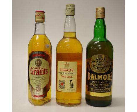Three bottles of various Scotch whisky comprising 1 bottle of 1 litre of Dalmore pure malt scotch Whisky, 1 bottle of 1 litre