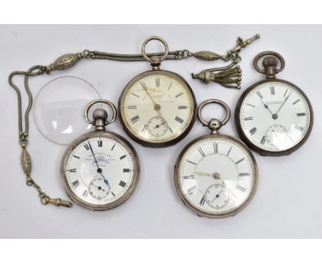 FOUR SILVER POCKET WATCHES AND AN ALBERTINA, to include four open face pocket watches, three are signed to the dial with 'Tho