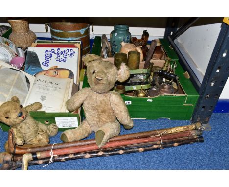 THREE BOXES AND LOOSE METALWARES, CERAMICS, TEDDY BEARS AND SUNDRY ITEMS, to include a large copper and brass covered log bin