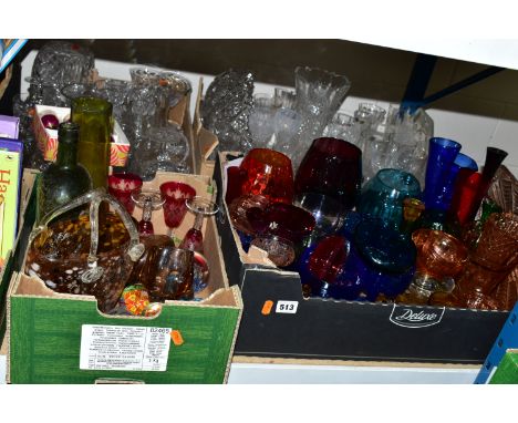 FOUR BOXES OF CUT CRYSTAL AND COLOURED GLASS, to include a collection of nine paperweights, Murano style shopping bag, drinki