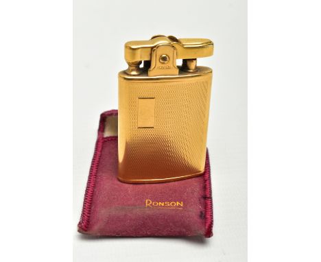 A YELLOW METAL 'RONSON' LIGHTER, engine turned pattern with a vacant cartouche, sponsors mark 'R P Ld', stamped 9.375, signed