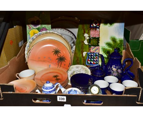 TWO BOXES OF CERAMICS, to include a boxed Aynsley Portland Ware miniature clock, thirteen pieces of Noritake tea wares decora