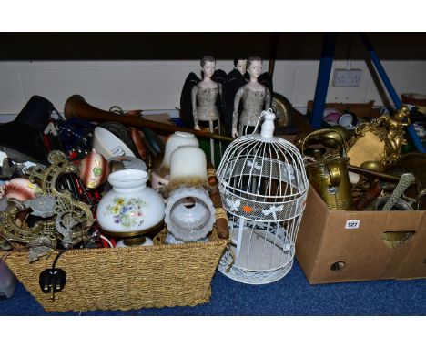 FOUR BOXES OF BRASS, METALWARE AND GLASS LAMP SHADES, to include a modern white metal ornamental bird cage, brass ornaments, 