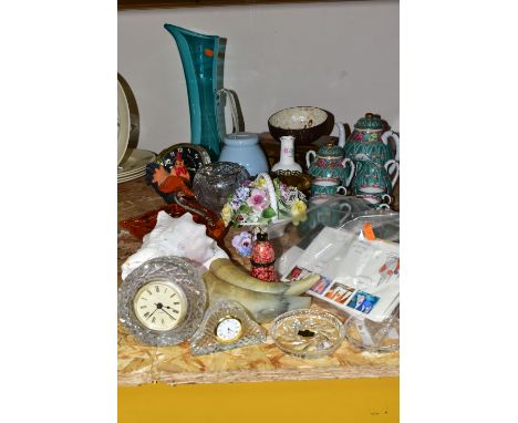 A GROUP OF CERAMICS AND SUNDRIES, comprising a Royal Adderley china flower basket (one flower head broken off), two Georgian 