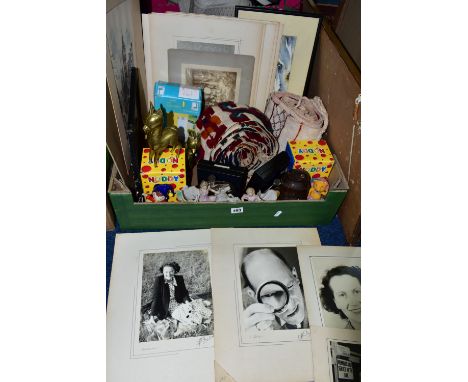 A BOX AND LOOSE PHOTOGRAPHS, CERAMICS, METAL WARES AND SUNDRY ITEMS, to include two boxed Royal Worcester Noddy characters 'N