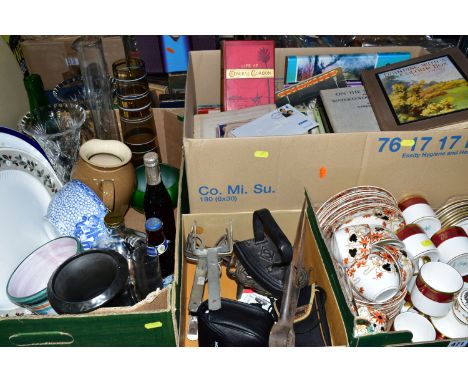 FOUR BOXES OF BOOKS, TEA WARES AND SUNDRIES, to include a Staffordshire coffee set 'Lichfield' pattern, Buckingham Palace 199