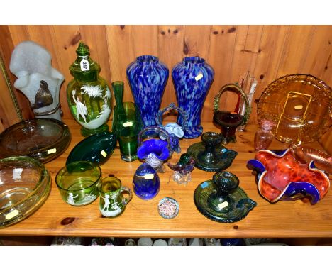 A QUANTITY OF COLOURED GLASSWARE, comprising a Mary Gregory style green glass cream jug, dish and lidded urn (jug has an inte