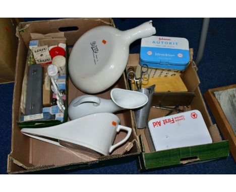 TWO BOXES AND LOOSE VINTAGE MEDICAL EQUIPMENT ETC, to include false teeth samples, first aid kits, assorted forceps, Scaleway
