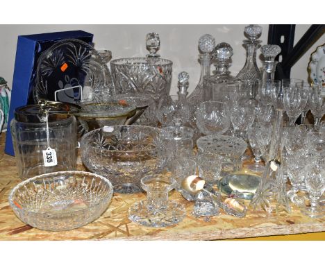 A QUANTITY OF CUT CRYSTAL AND GLASSWARE, comprising a biscuit barrel with silverplate lid, Stuart Crystal fruit bowls, six de