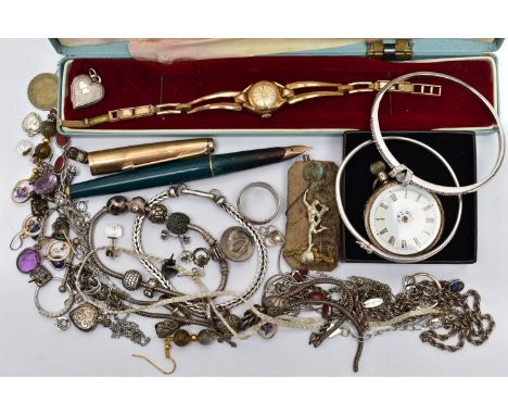 A BAG OF ASSORTED WHITE METAL JEWELLERY AND A 'PARKER' FOUNTAIN PEN, to include a 'Pandora' charm bracelet with six charms, s