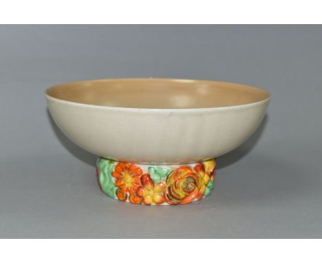 A CLARICE CLIFF FOR WILKINSON POTTERY 'MY GARDEN' FOOTED BOWL, the foot decorated with relief moulded orange and yellow flowe