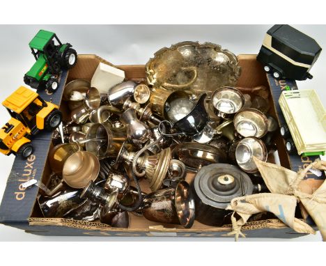 A BOX OF ASSORTED WHITE METAL WARE AND TOY TRACTORS, to include a white metal floral detailed waiter, a silver plate on coppe