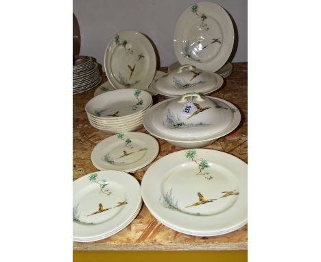 A ROYAL DOULTON 'THE COPPICE' PATTERN DINNER SET, comprising five dinner plates, two oval dinner plates, two covered tureens,
