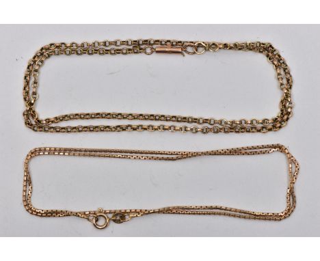 A 9CT GOLD CHAIN AND YELLOW METAL CHAIN, the first a yellow gold box link chain, fitted with a spring clasp, approximate leng