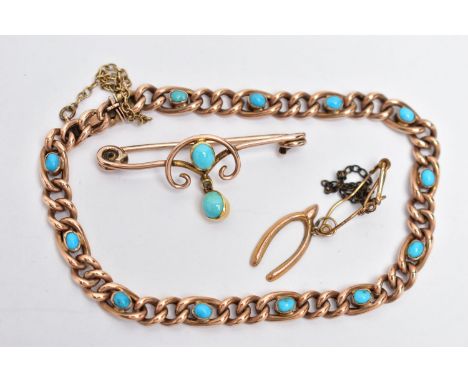 A CURB LINK BRACELET, BROOCH AND A CHARM, the rose tone curb link bracelet, twelve oval links are set with a turquoise caboch