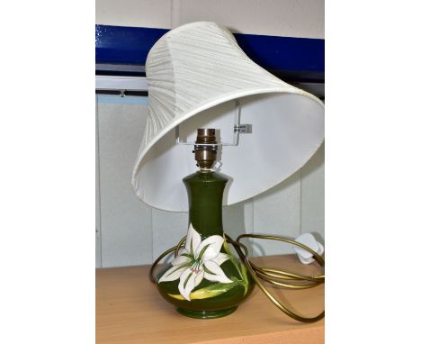 A MOORCROFT POTTERY BERMUDA LILY TABLE LAMP, of compressed baluster form, tube lined with white lily on a green ground, impre