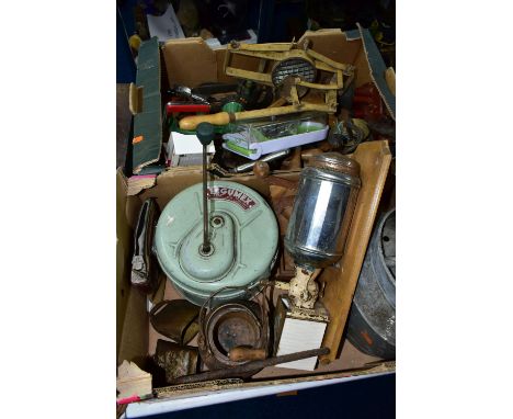 TWO BOXES OF  KITCHENALIA, to include a wall mounted coffee grinder, Legumex, a lockable Midland Bank money pouch, cattle bel