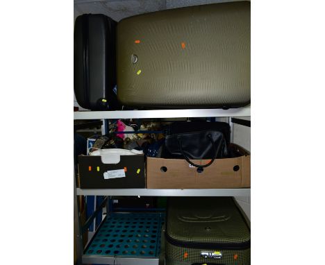 TWO BOXES OF LADIES HANDBAGS AND FOUR SUITCASES, to include Eminent, Sunrise, Carlton, Worldstyle suitcases with handles and 
