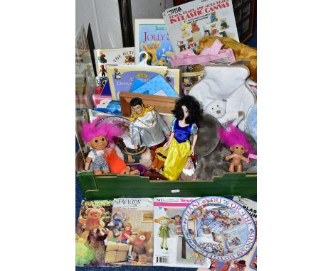 A BOX OF ASSORTED TOYS ETC to include a Disney Micky Mouse wearing a bunny suit soft toy, a Puppet Company elephant hand pupp