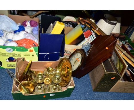 FIVE BOXES AND LOOSE RECORDS, METAL WARES, PICTURES AND SUNDRY HOMEWARES, to include a box of brass wares to include candlest