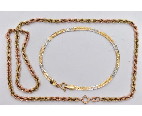 A 9CT GOLD ROPE TWIST CHAIN AND A BRACELET, the bi-colour rope twist chain, fitted with a spring clasp, hallmarked 9ct Birmin