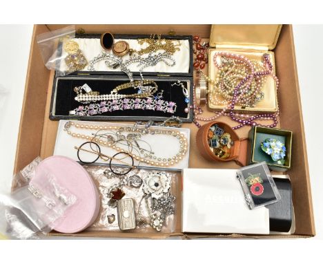 A BOX OF ASSORTED COSTUME JEWELLERY, to include various imitation pearl necklaces, a boxed ceramic flower brooch, a small whi