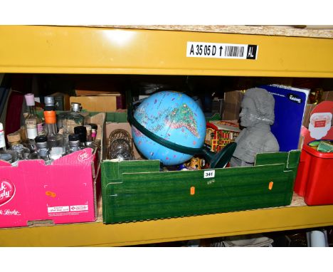 SEVEN BOXES OF ASSORTED SUNDRIES, to include a box of Chinese lanterns and 'lucky cats', haberdashery items, globe, a collect