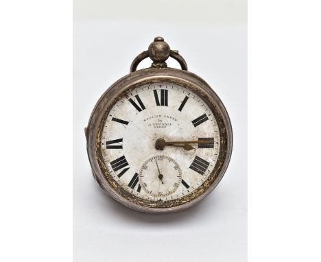 A SILVER OPEN FACE POCKET WATCH, key wound movement, white dial signed 'English Lever by A Yewdall Leeds' Roman numerals, sub