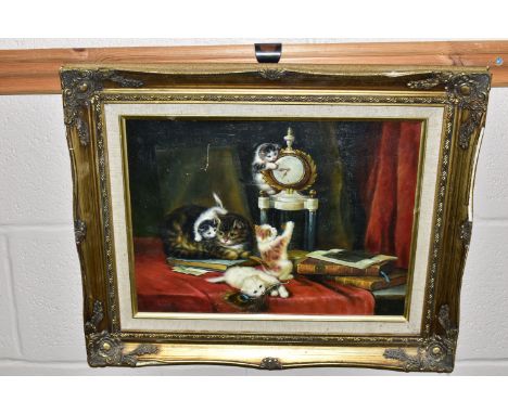 R. FLINT (20TH CENTURY) 'A CAT WITH KITTENS AT PLAY', signed bottom left, oil on wooden panel, approximate size 29cm x 39cm, 