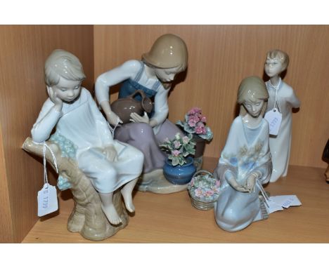 FOUR LLADRO FIGURES, comprising 'Flower Song', a Lladro Museum Collectors Society 1988 figure, height 19cm, 'Boy Blowing', mo
