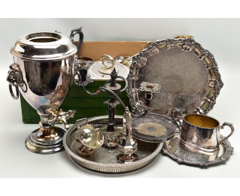 A BOX OF ASSORTED WHITE METAL TABLEWARE, to include a revolving cover butter dish, a tea urn, a four afternoon tea set, a can