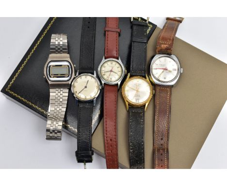 FIVE GENTS WRISTWATCHES, to include a 'Cauny, Swiss 17 rubies', watch, manual wind, round silver dial, baton markers, date wi