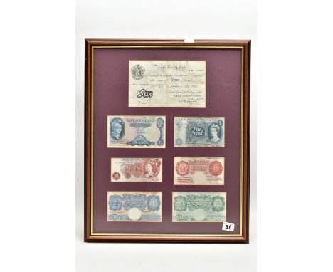 A FRAMED DISPLAY OF SEVERN UK BANKNOTES, with Bank of England Sept 1944 London white Five Pound Peppiatt, a 1957 Helmeted L K