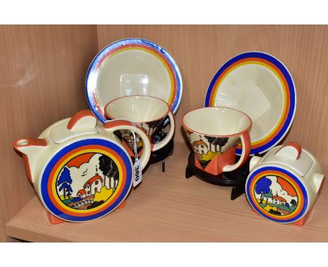 A MOORLAND POTTERY CHELSEA WORKS TEA SET, in the style of Clarice Cliff, comprising a teapot, a covered sugar bowl (lid chipp