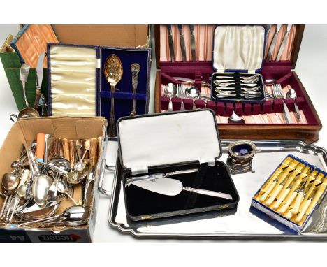 A BOX OF ASSORTED CUTLERY, a large assortment of cutlery, an incomplete wooden canteen, a tray, a condiment set, a cased six 