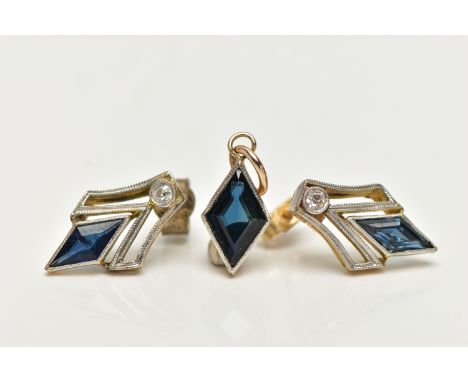 A PAIR OF EARLY 20TH CENTURY FRENCH, 18CT GOLD SAPPHIRE AND DIAMOND EARRINGS AND PENDANT, each earring of an art deco design,