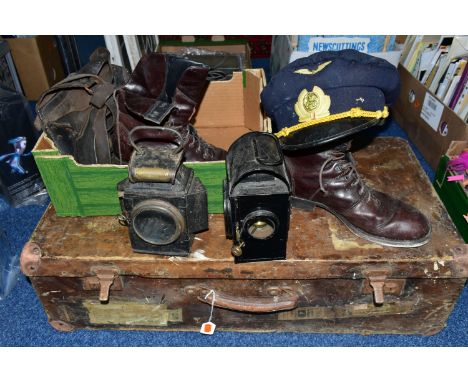 A BOX AND LOOSE RAILWAY? ITEMS ETC, comprising a J&amp;R Oldfields Dependence lamp lacking internal fittings, a lamp dated 19