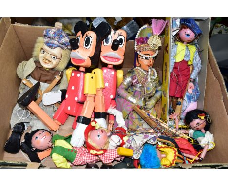ONE BOX OF PELHAM PUPPETS AND SIMILIAR, to include a boxed 'Cowgirl', clown, gypsy girl and boy, two modern 'Mickey Mouse' st