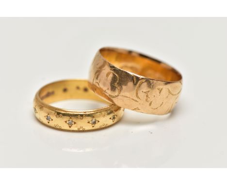 TWO 18CT GOLD BAND RINGS, the first a wide band with worn floral engraving, approximate width 8mm, hallmarked 18ct Chester 19