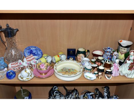 A GROUP OF CERAMICS AND GLASS WARES, to include Royal Doulton Her Ladyship HN1977 and Tinkle Bell HN1677 figurines, an Aynsle