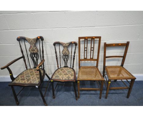 AN ART NOUVEAU BEECH ELBOW CHAIR, and a matching chair (condition:-both chairs rickety) and a two bergère seated chairs condi