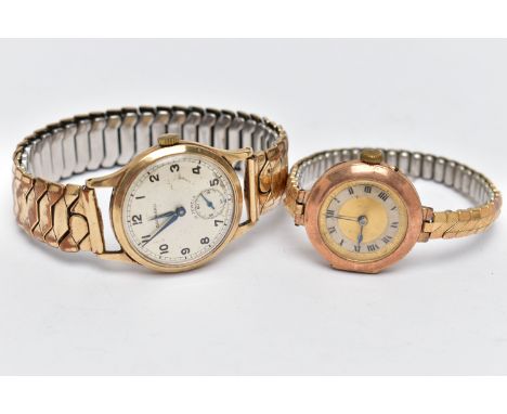 A LADY'S AND A GENT'S GOLD WRISTWATCH, the first a gents manual wind, 'Garrad' watch, featuring a round silvered dial, Arabic